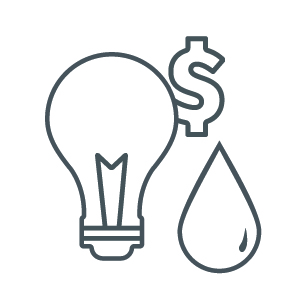 A light bulb, water drop, and a dollar sign.