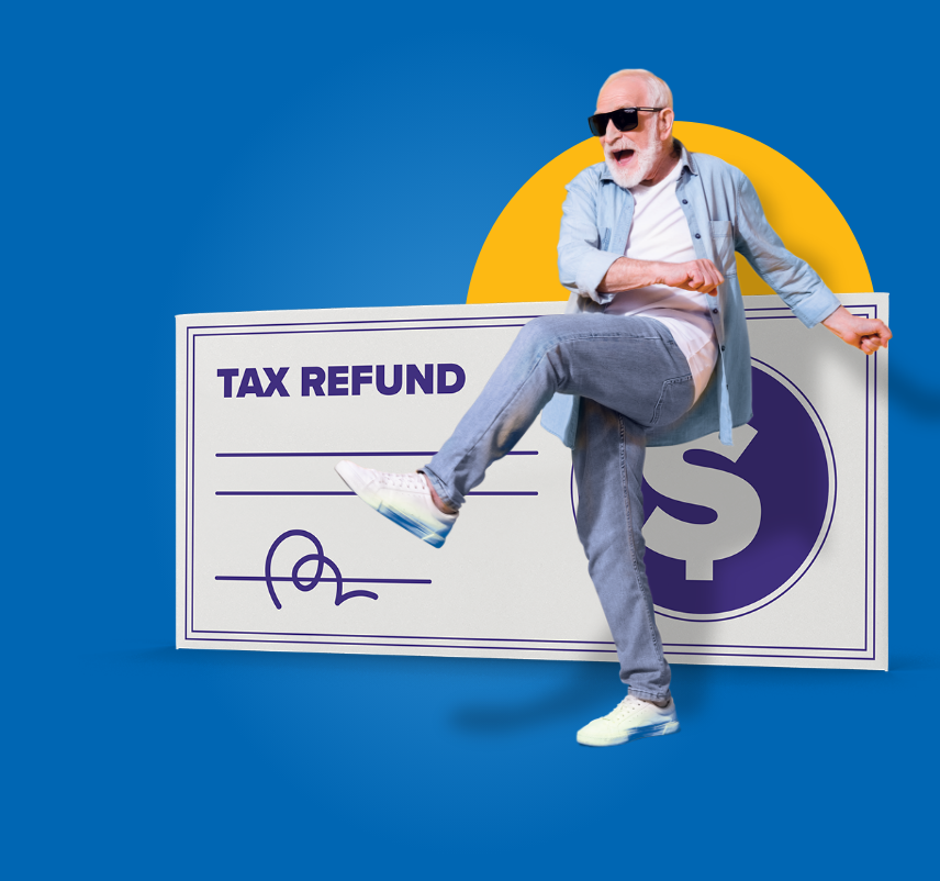 A man wearing sunglasses dancing in front of a large check.