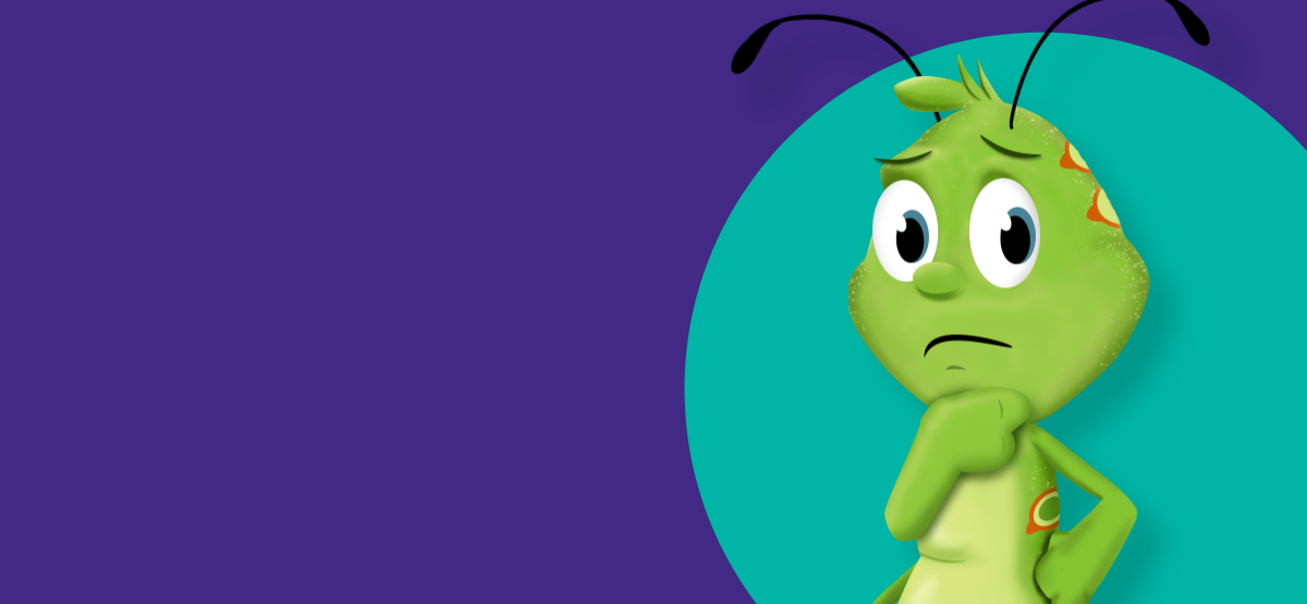 Moneytree mascot Bob the caterpillar cupping his chin in his right hand and looking perplexed.